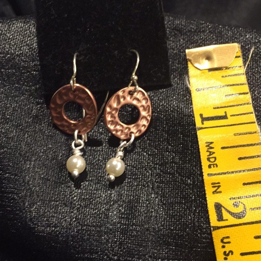 Artisan created; Petite Ladies copper, silver & pearl earrings